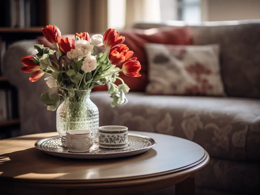 Kwiaty i porcelana na stoliku kawowym